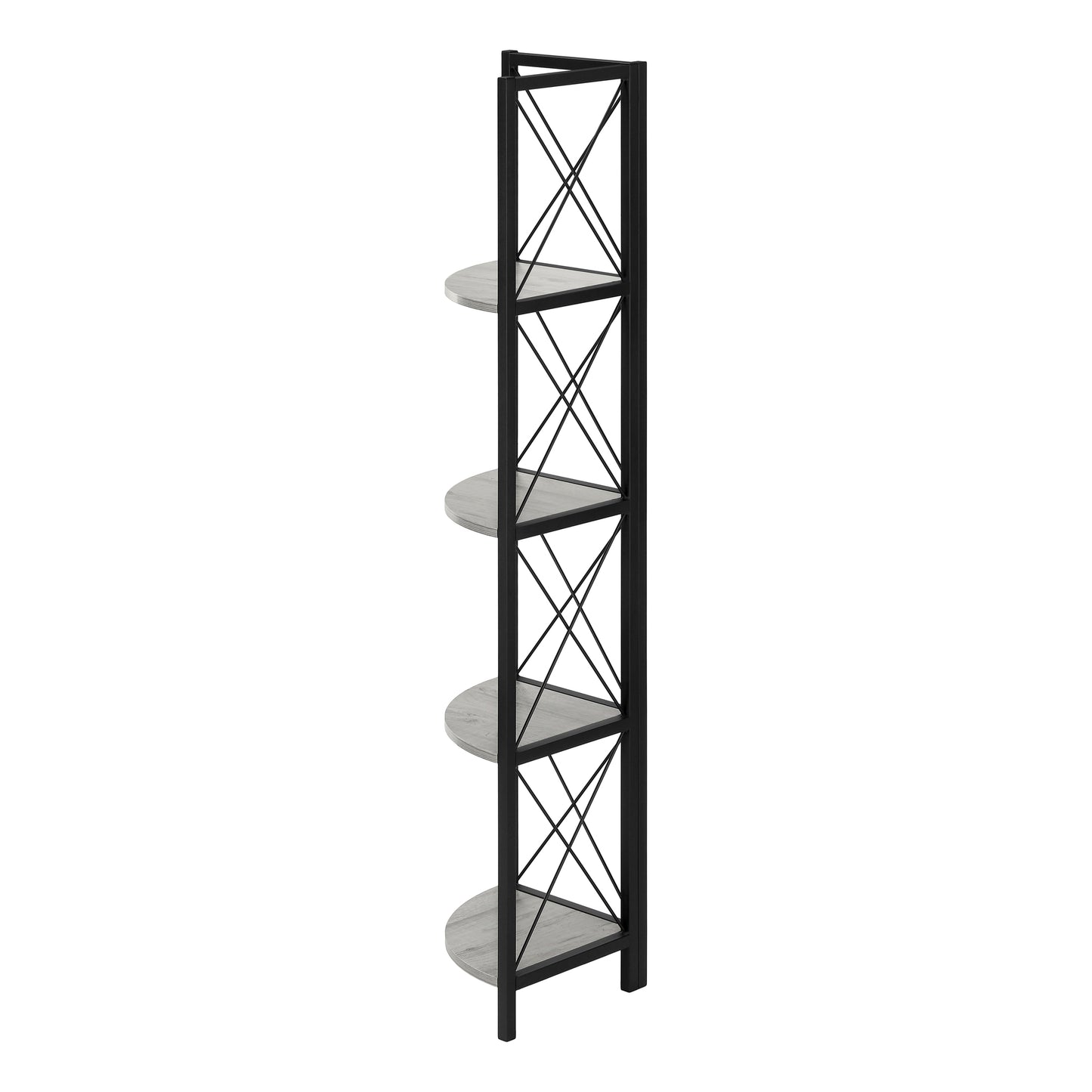 Black metal industrial bookshelf with four grey wood veneer shelves