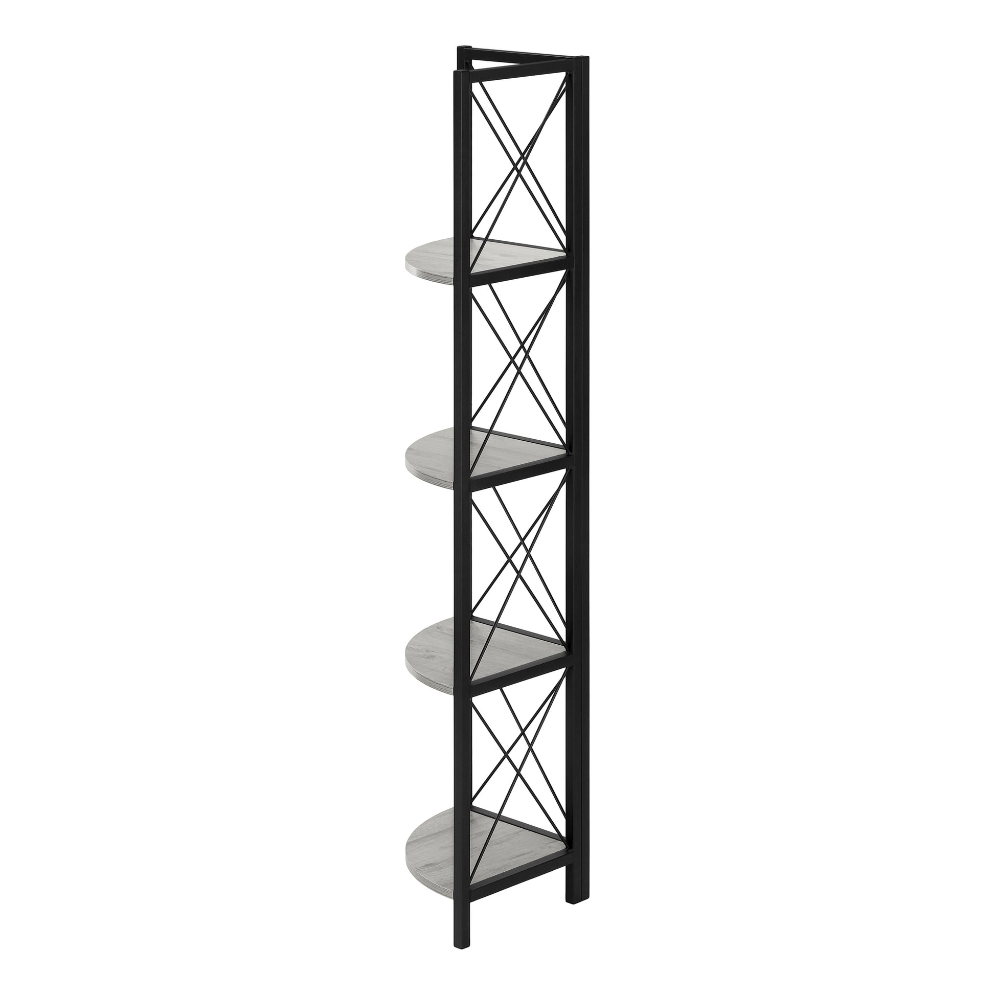 Black metal industrial bookshelf with four grey wood veneer shelves