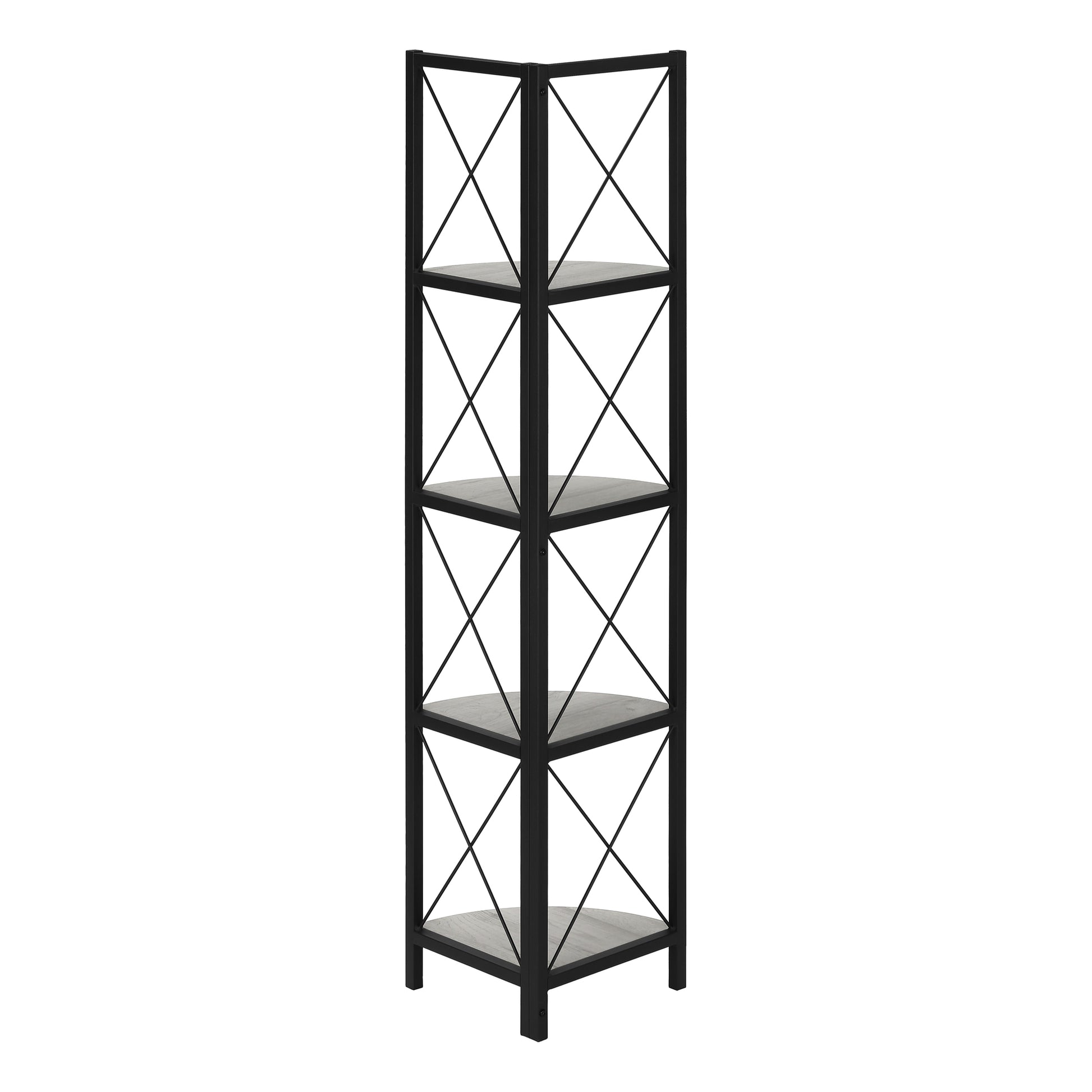 Black metal industrial corner shelf with four grey wood shelves