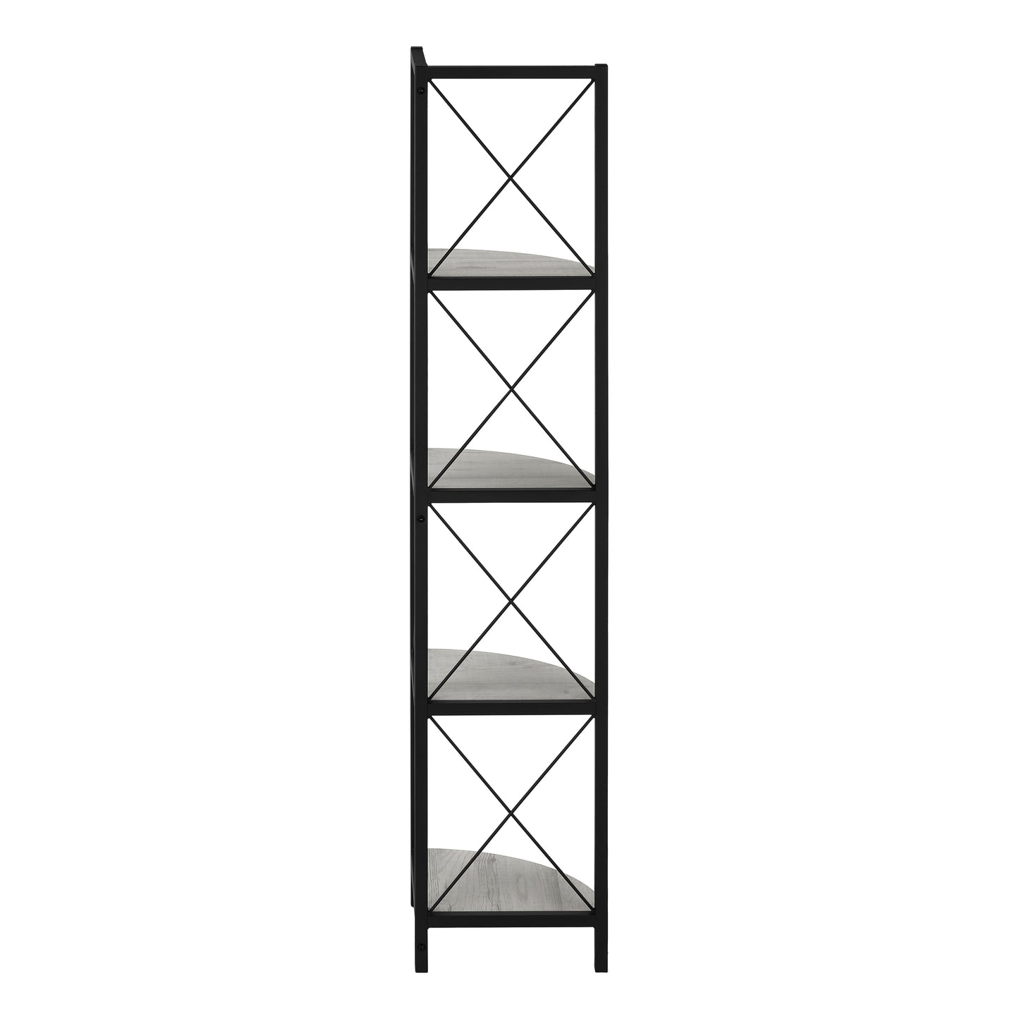 Tall black metal bookshelf with five grey wood shelves