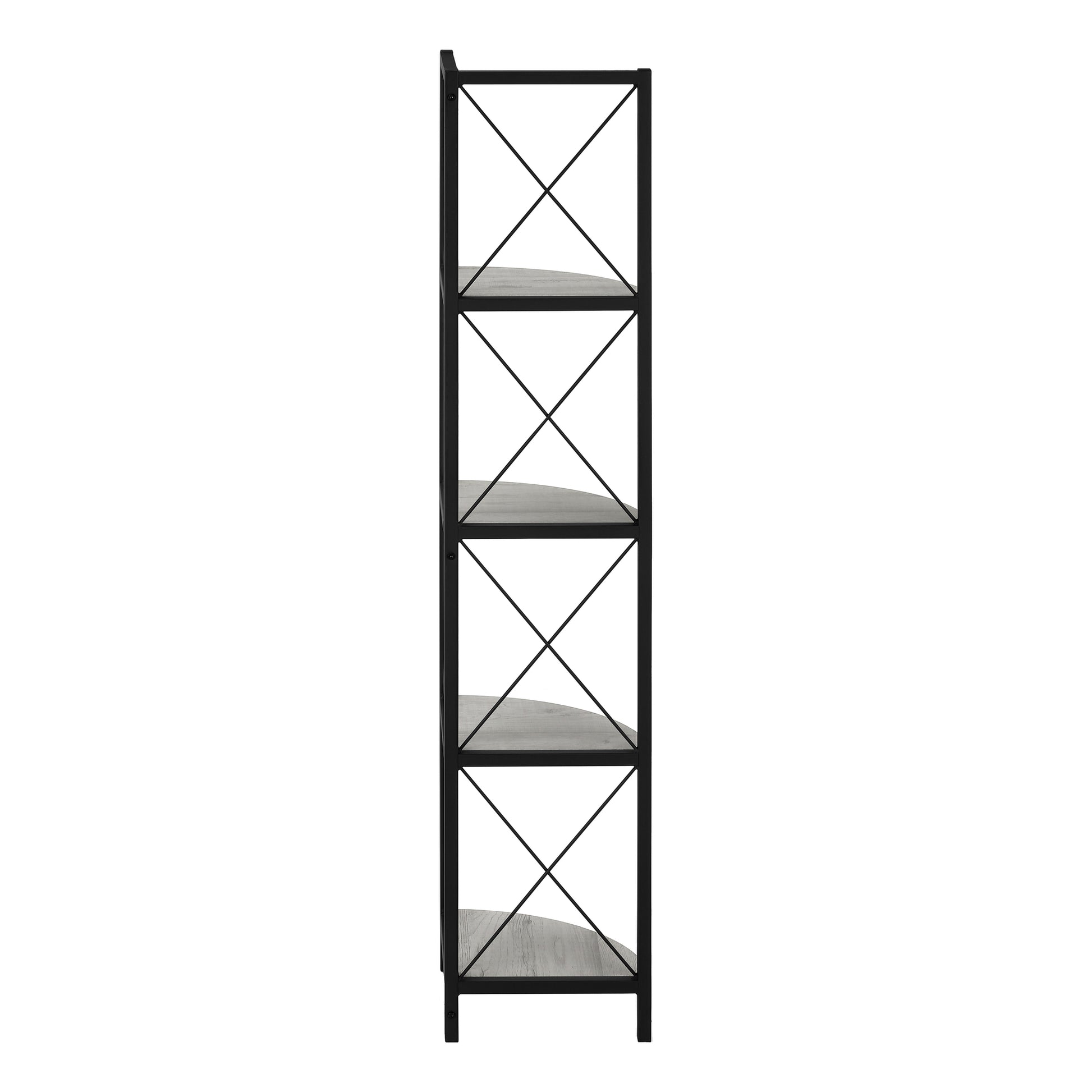 Tall black metal bookshelf with five grey wood shelves