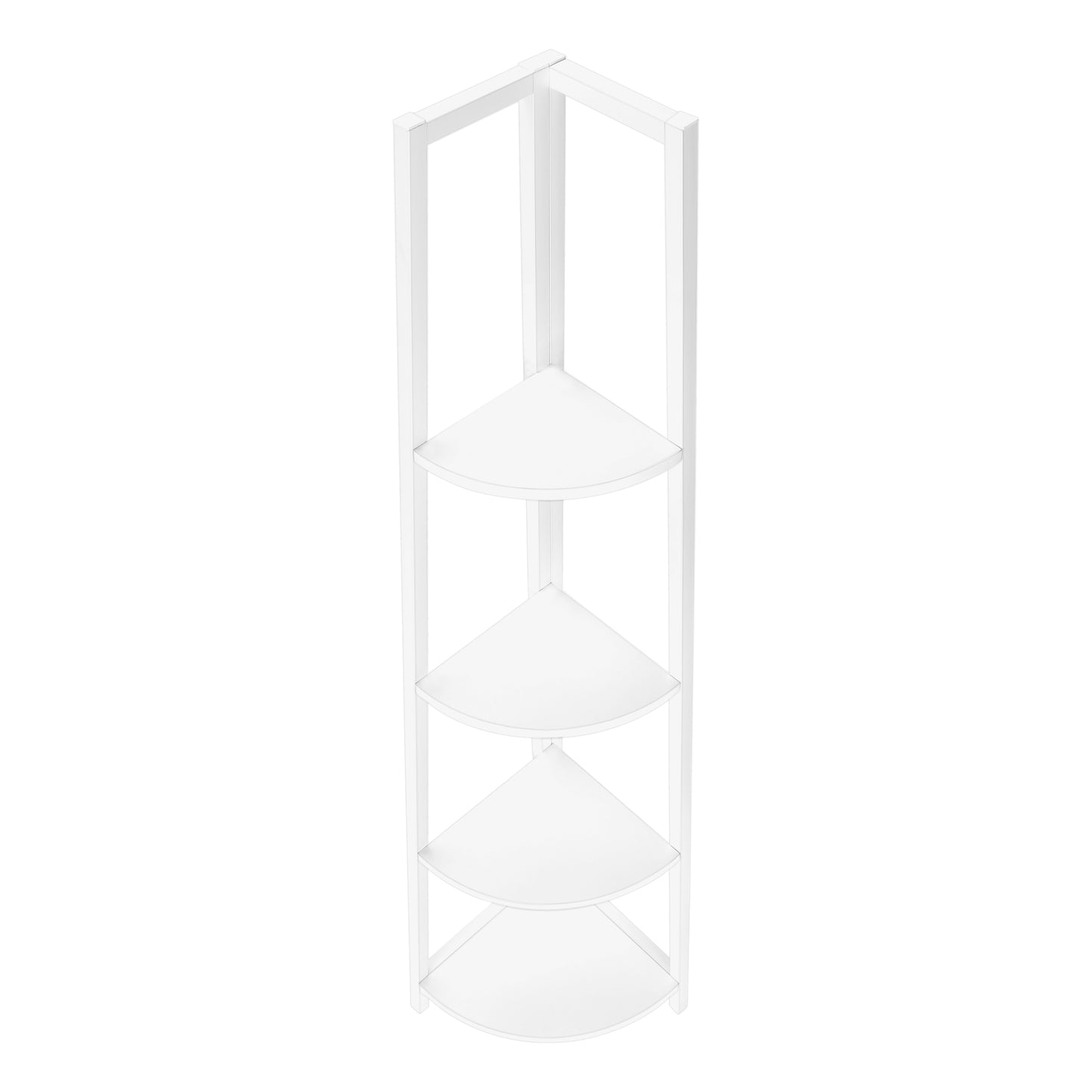 Fourtier white corner shelf unit with quarterround shelves and a minimalist frame