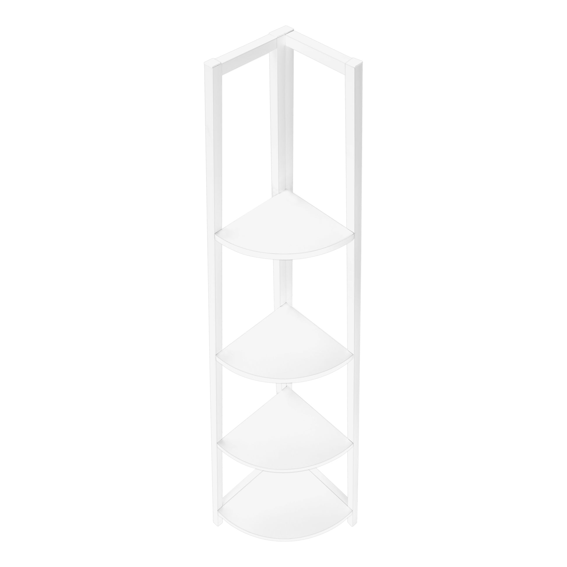 Fourtier white corner shelf unit with quarterround shelves and a minimalist frame
