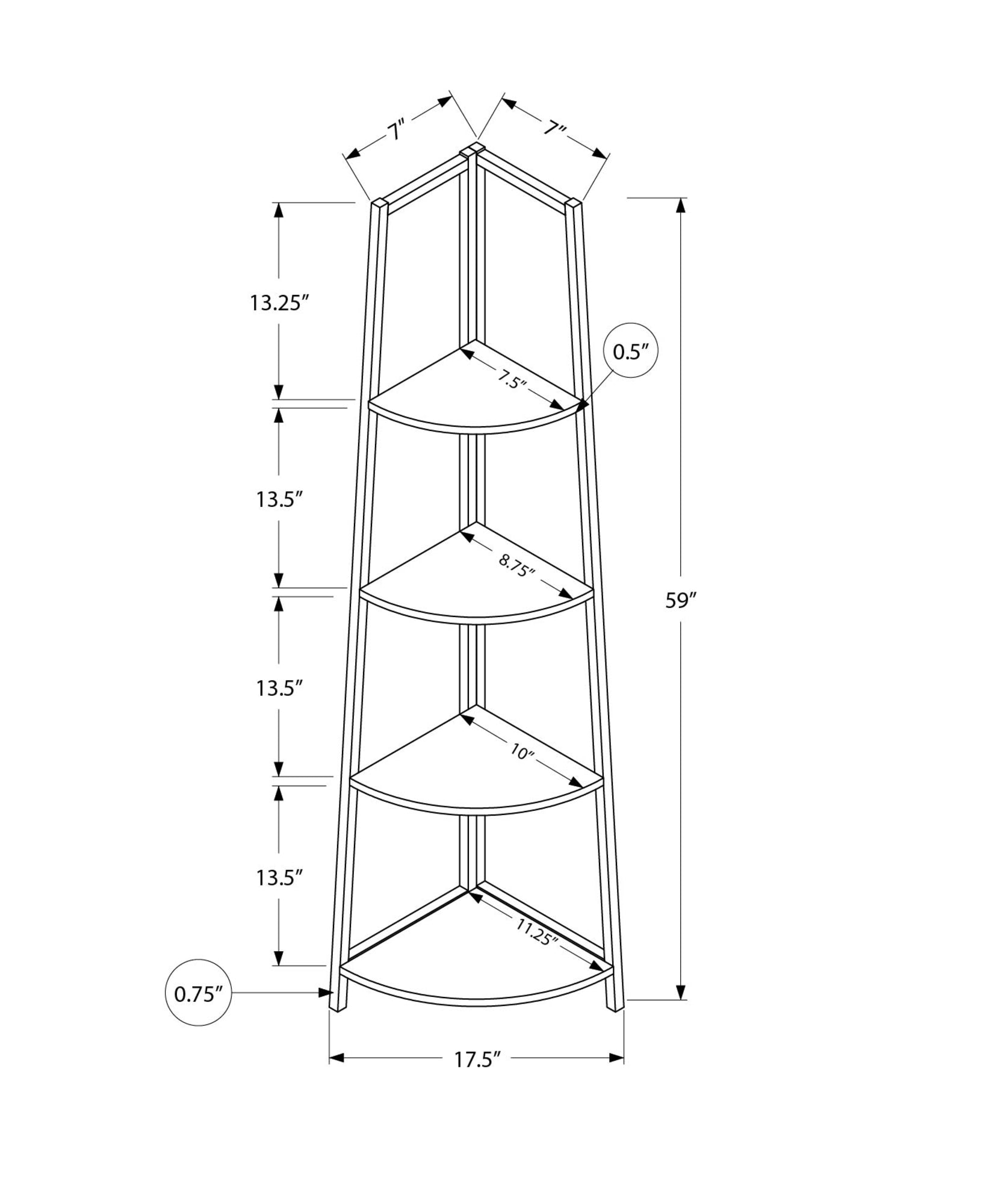 Line drawing of a tier corner shelf unit with dimensions