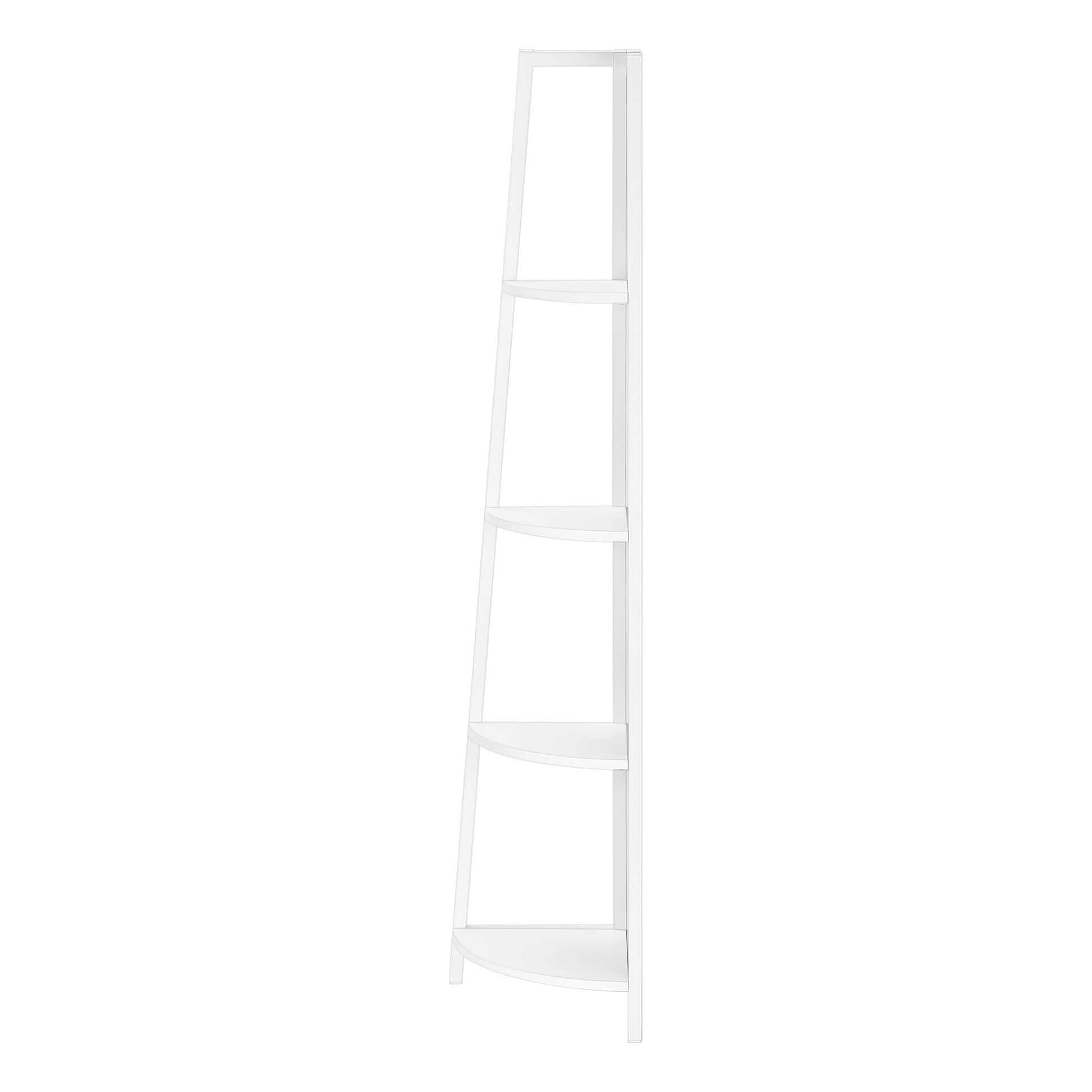 White leaning ladder shelf with four tiered shelves