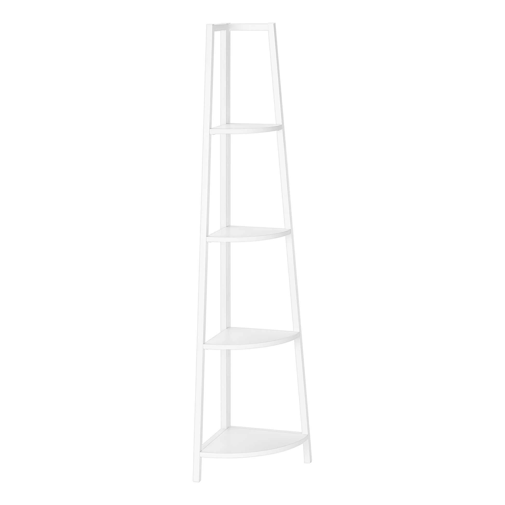 White metal corner shelf with four tiers for bathroom storage