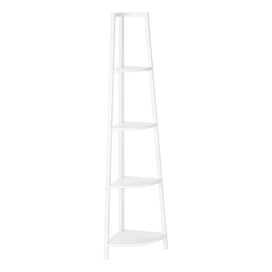 White metal corner shelf with four tiers for bathroom storage