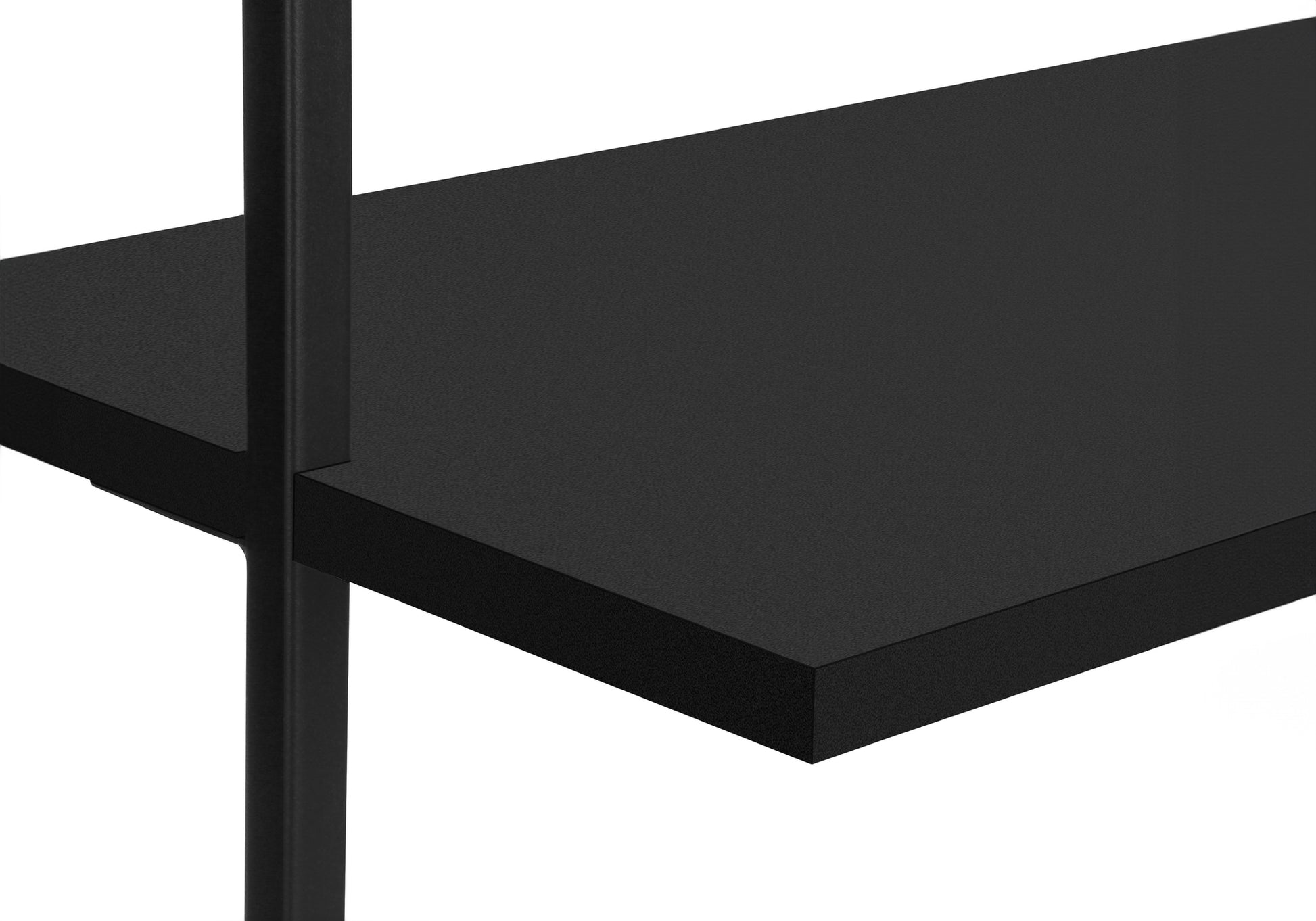 Black metal shelving unit with dark wood texture