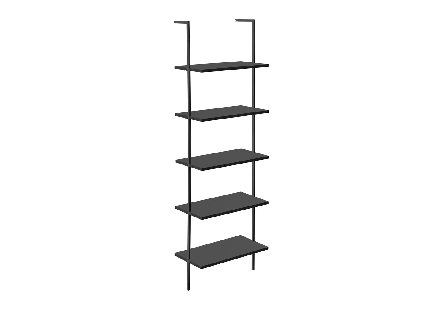 Black metal wallmounted shelving unit with five dark grey shelves