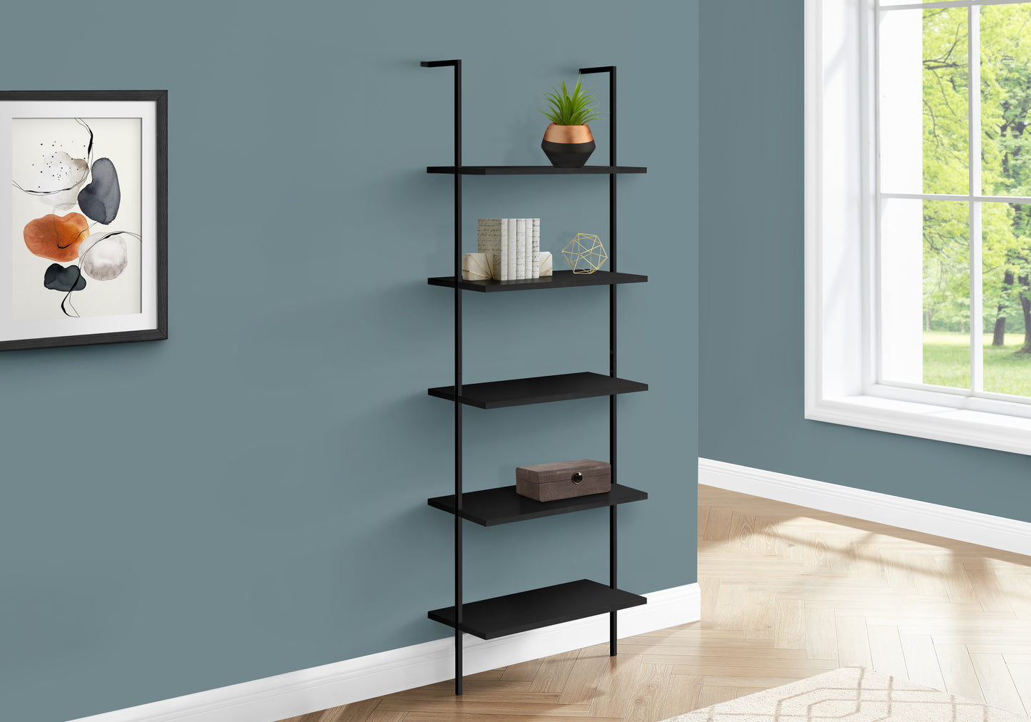Black metal ladder shelf with five staggered shelves