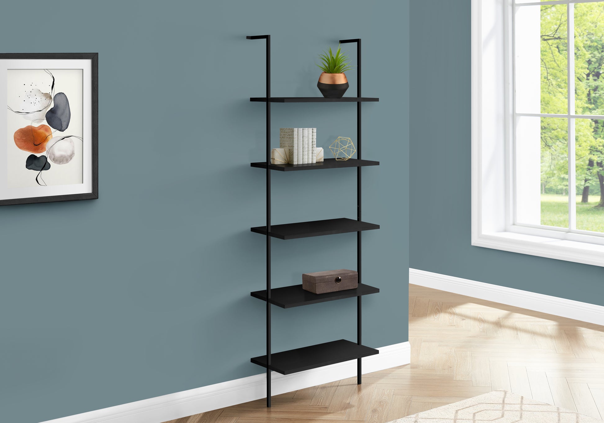 Black metal ladder shelf with five staggered shelves