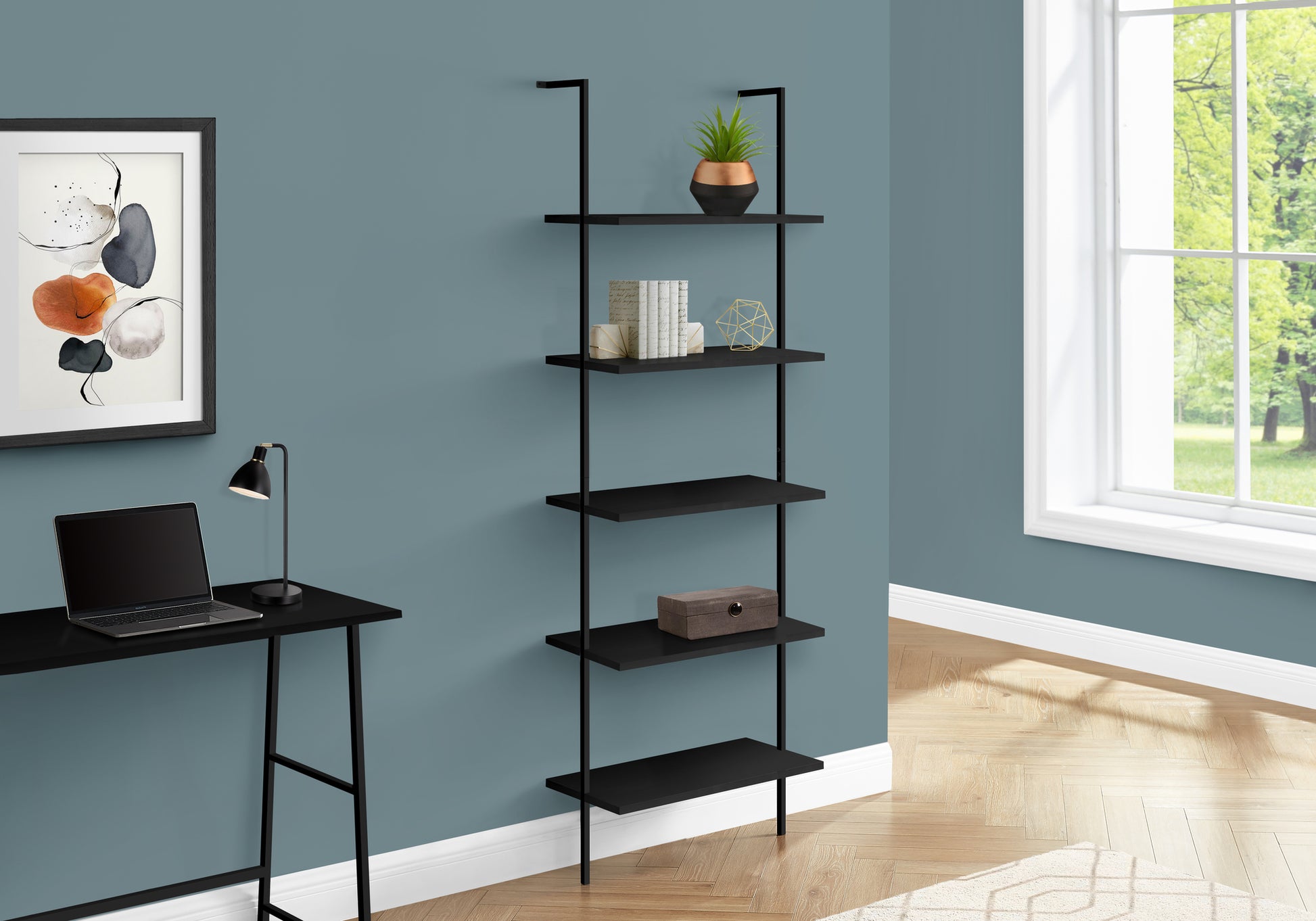Black metal ladder bookshelf with five shelves