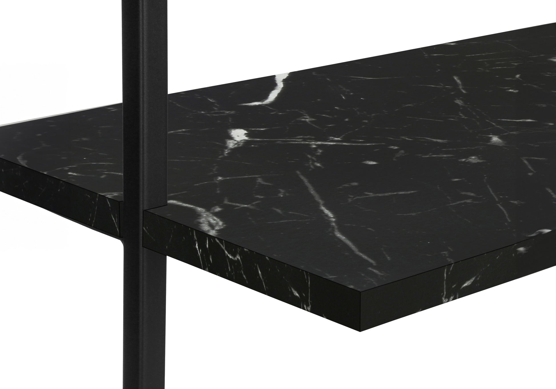 Black marble shelf with white veining part of a modern bookcase