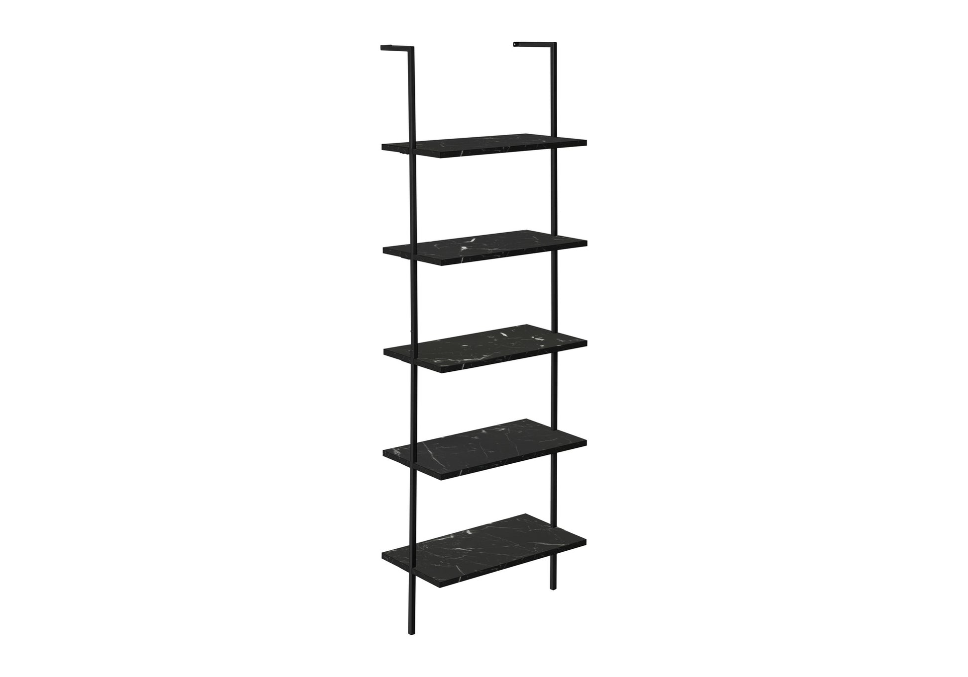 Tall black ladder shelf with five black marble shelves for modern decor