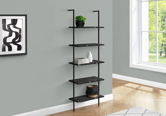 Modern black metal wallmounted bookshelf with faux marble shelves