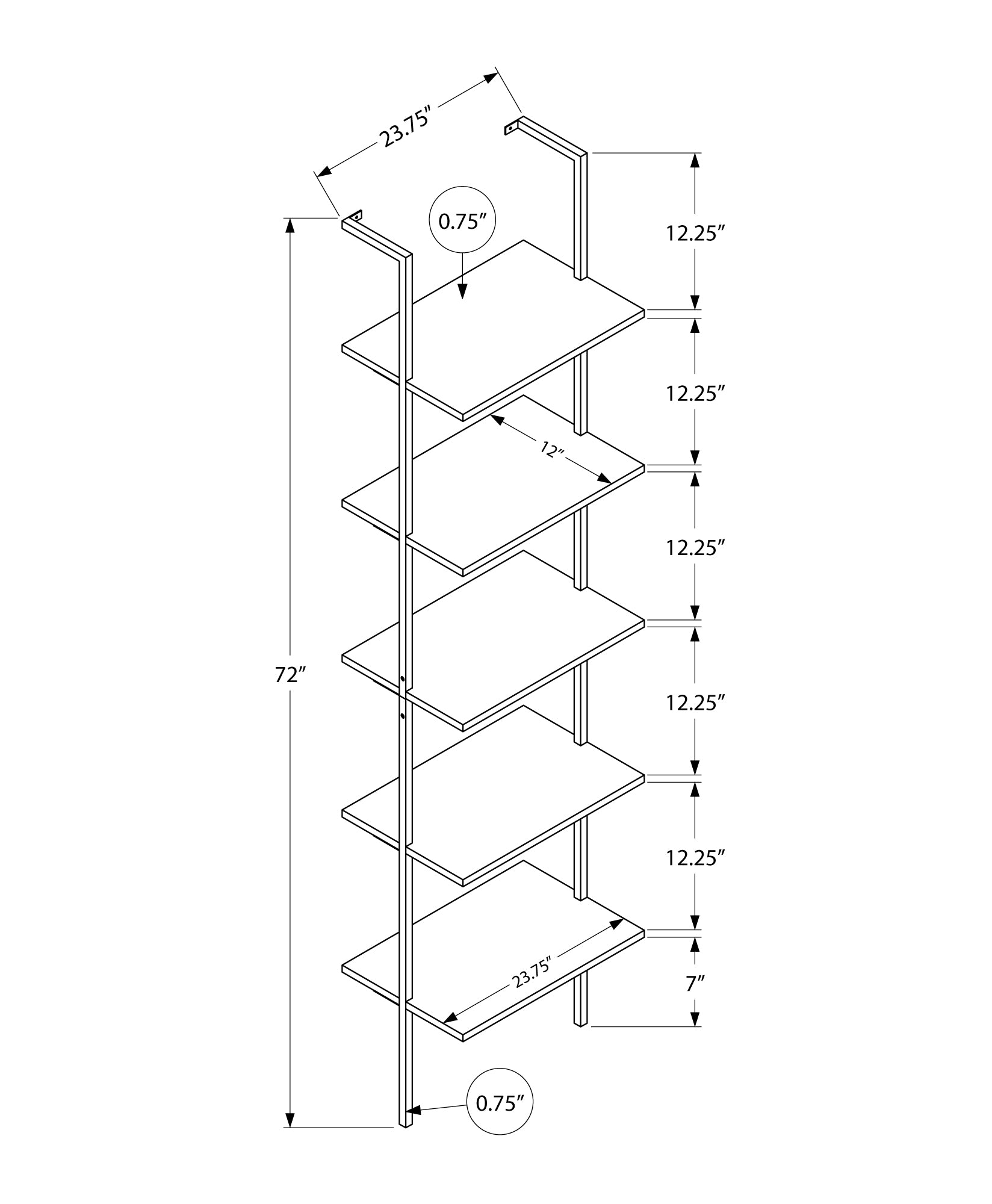 Line drawing of a tall narrow etagere bookshelf with five shelves and metal frame supports