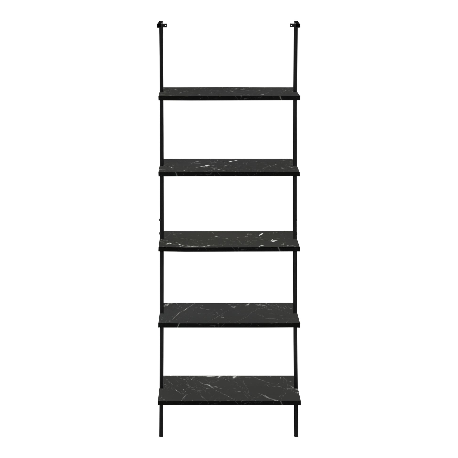Black marble wall shelf with five tiers and black metal frame