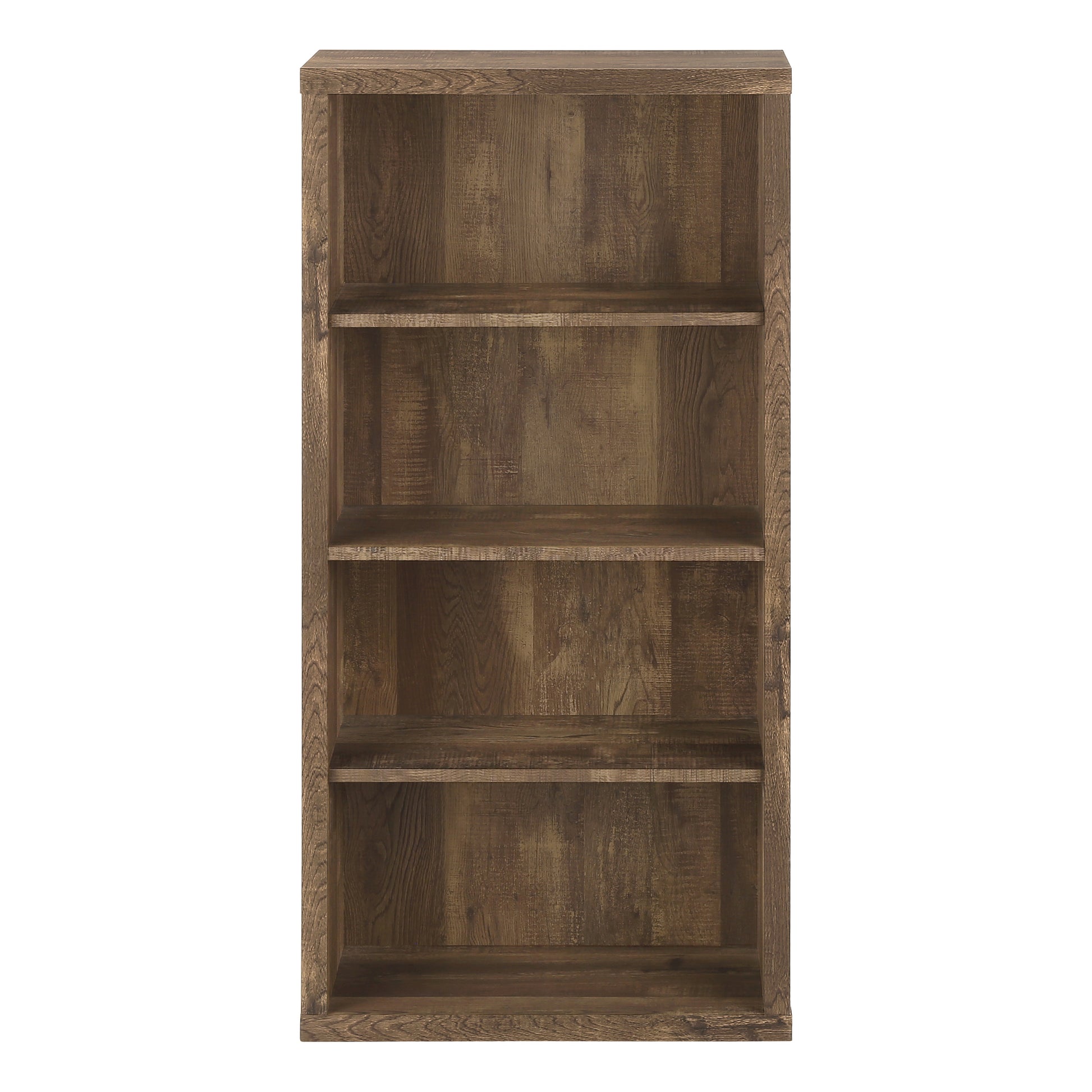Rustic brown wood bookshelf with four open shelves