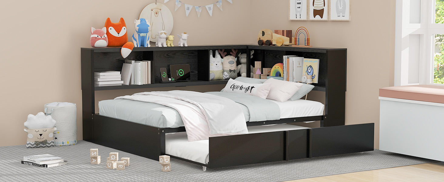 Black wood twin bed with trundle and integrated bookshelf