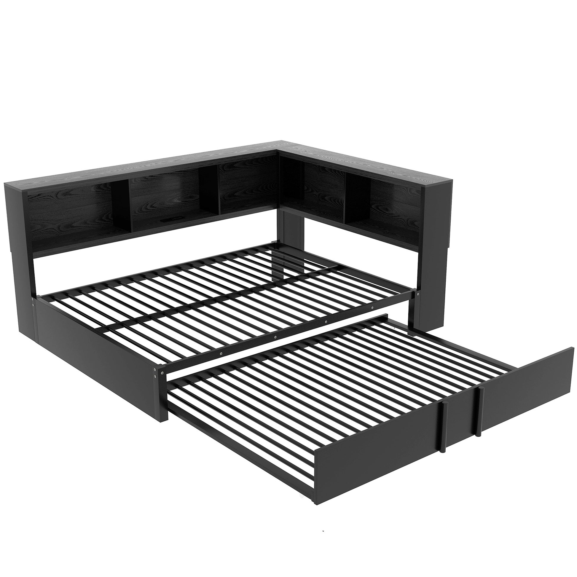 Black bunk bed frame with storage shelves and pullout trundle
