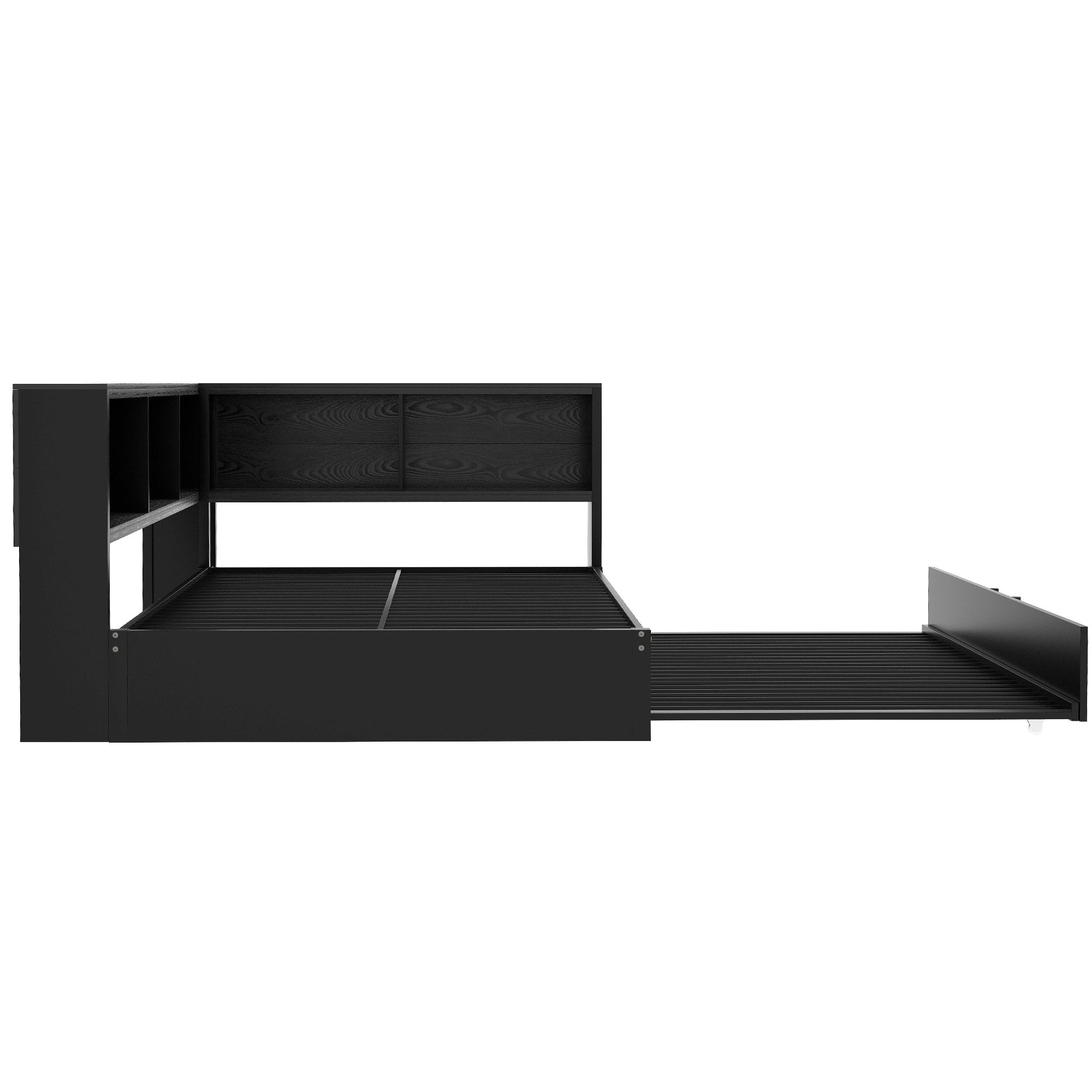 Black twin storage bed with headboard shelves and pullout trundle