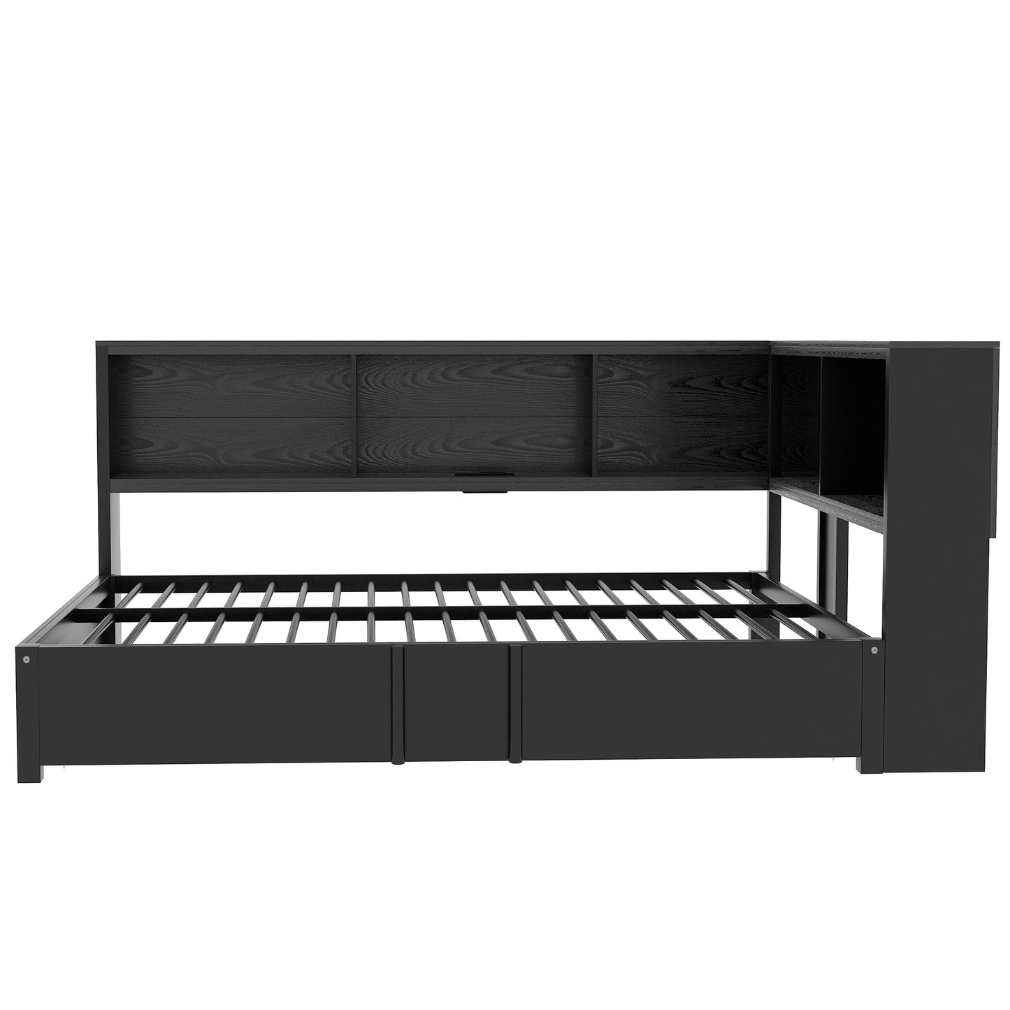 Black wooden bed frame with storage headboard and drawers