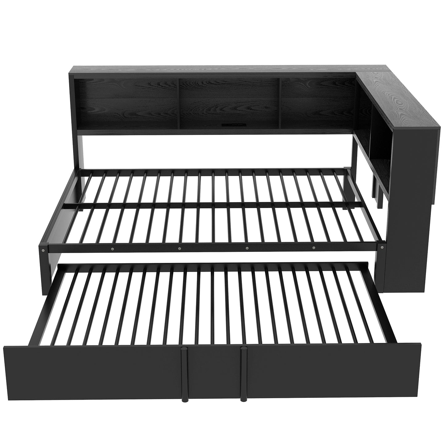 Black metal daybed with pullout trundle and integrated shelving unit
