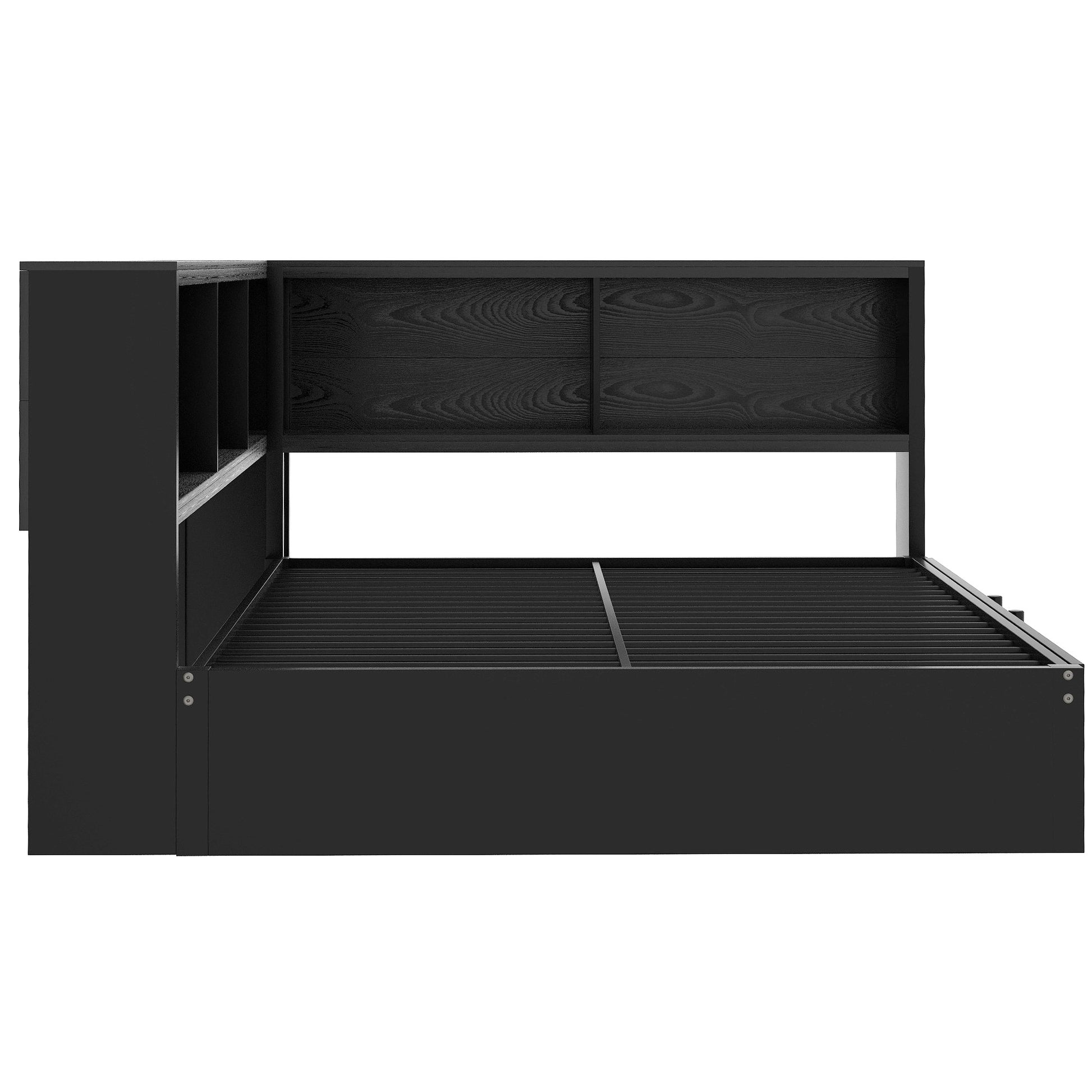 Black modern platform bed frame with integrated storage shelves and black wood grain headboard