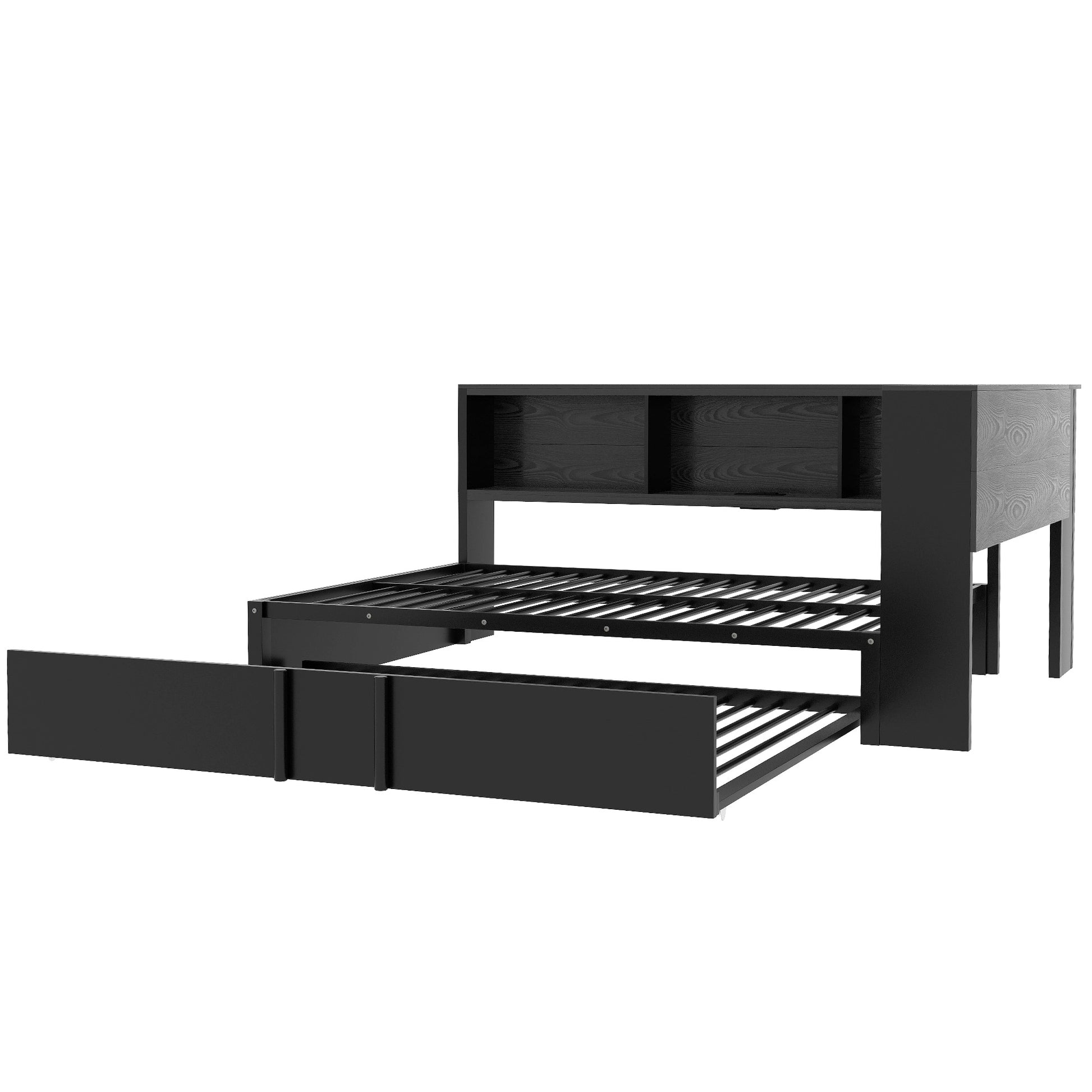 Black wooden daybed with pullout trundle and shelf headboard