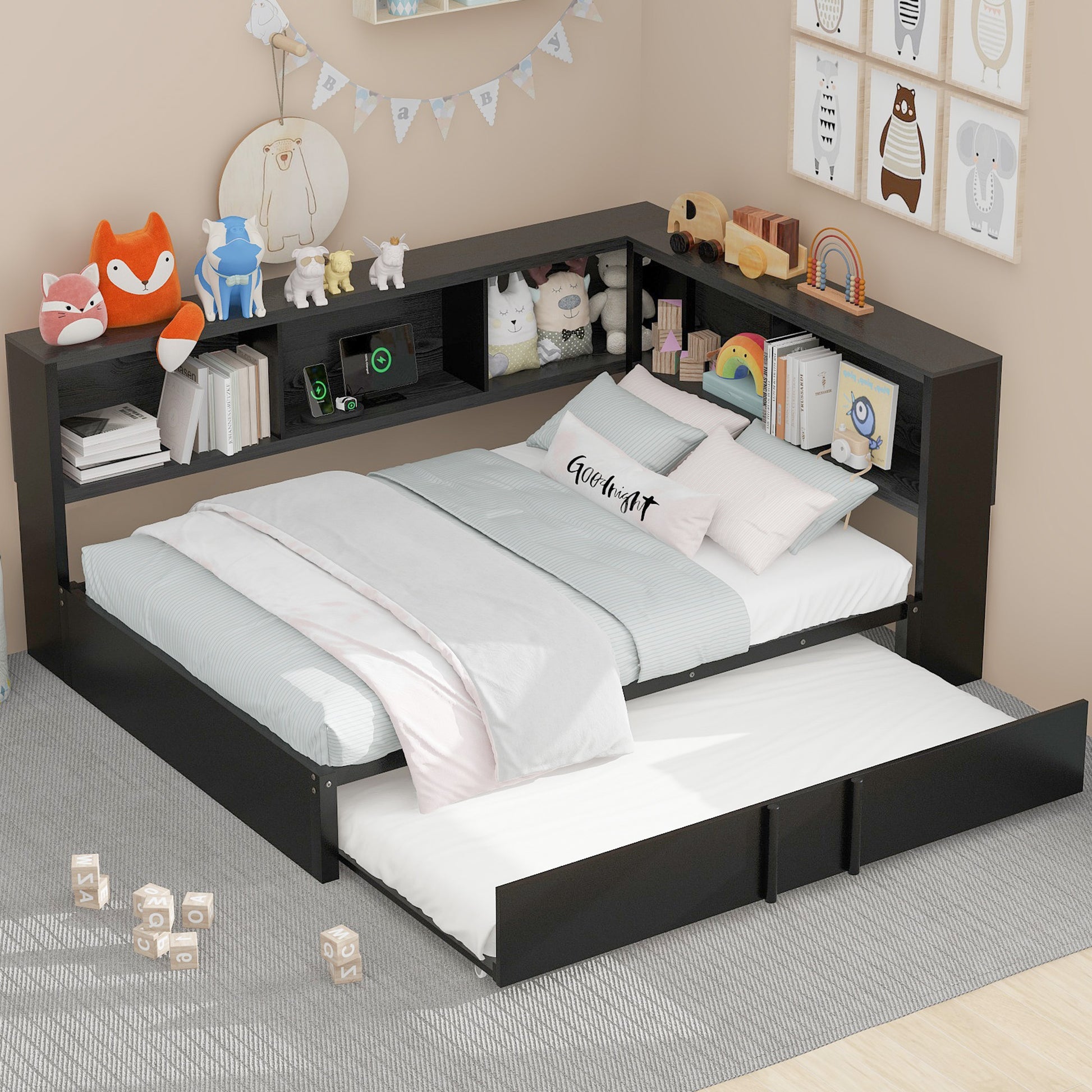 Black Lshaped kids bed with pullout trundle and builtin storage shelves perfect for small spaces