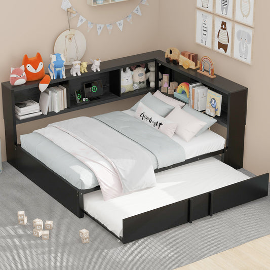 Black Lshaped kids bed with pullout trundle and builtin storage shelves perfect for small spaces