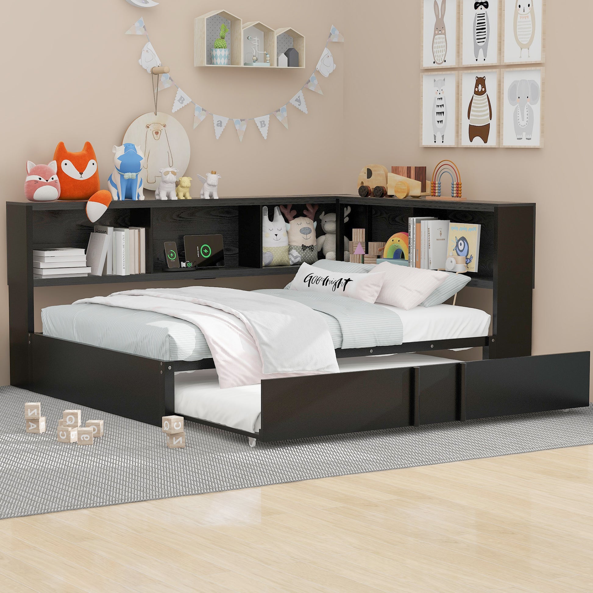 Black twin size bed with integrated shelf unit and trundle