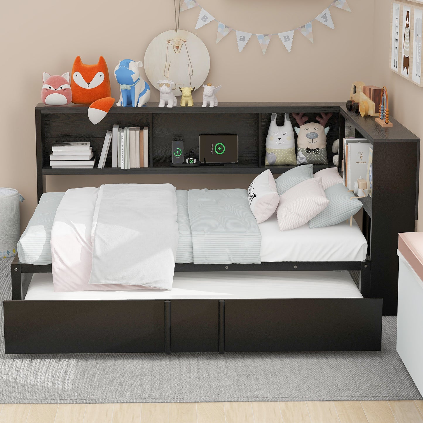 Dark brown twin bed frame with pullout trundle