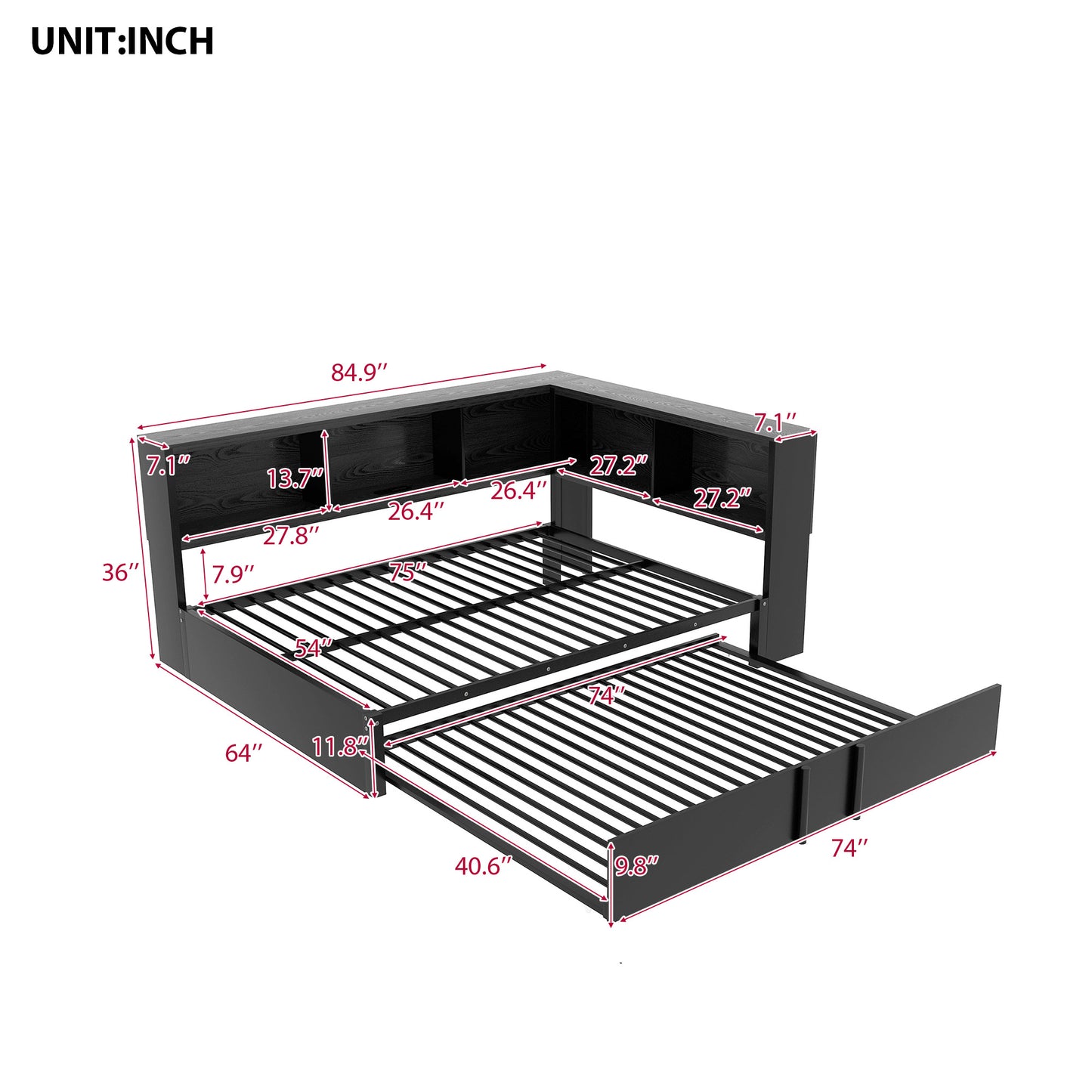 Black twin over twin bunk bed with builtin shelves and trundle