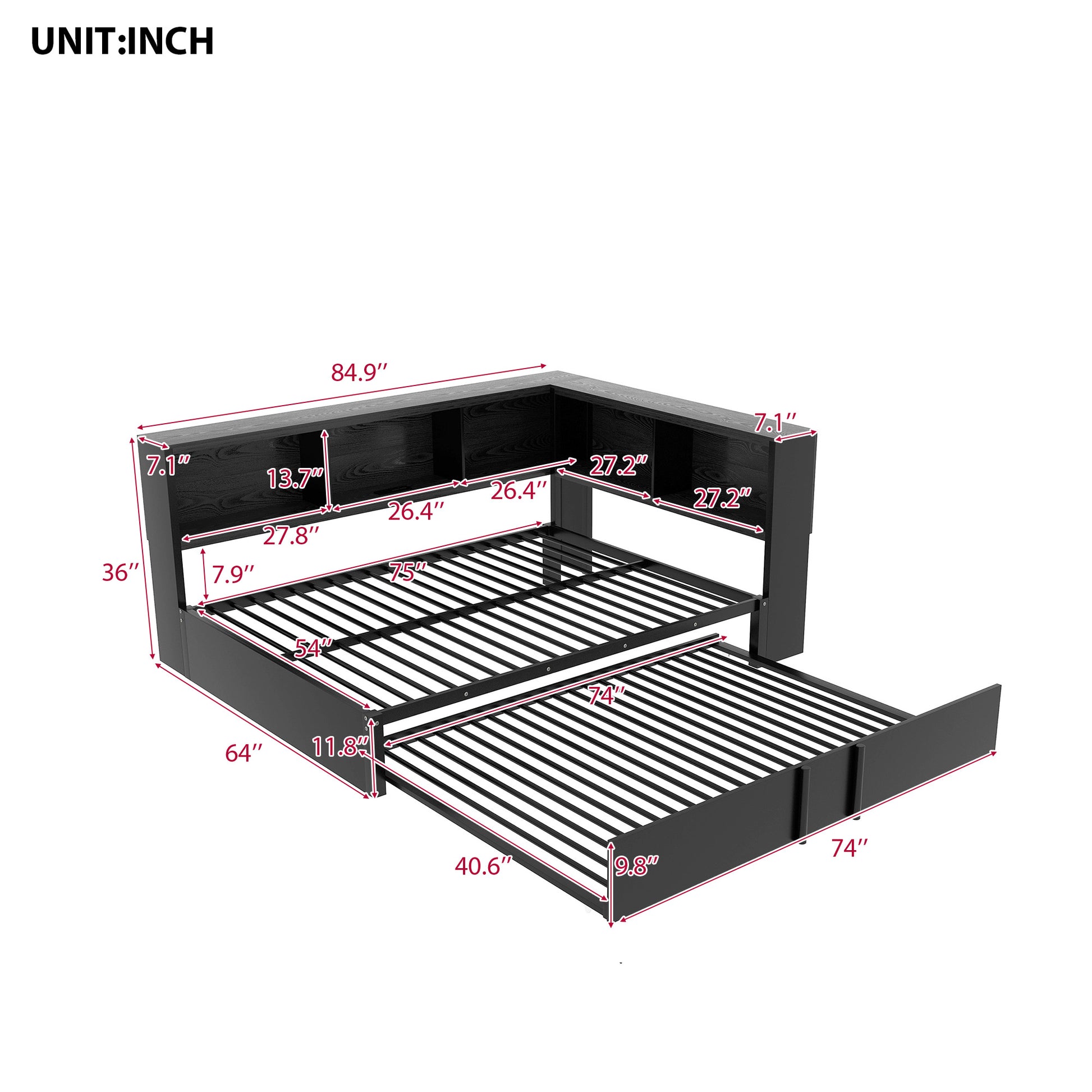 Black twin over twin bunk bed with builtin shelves and trundle