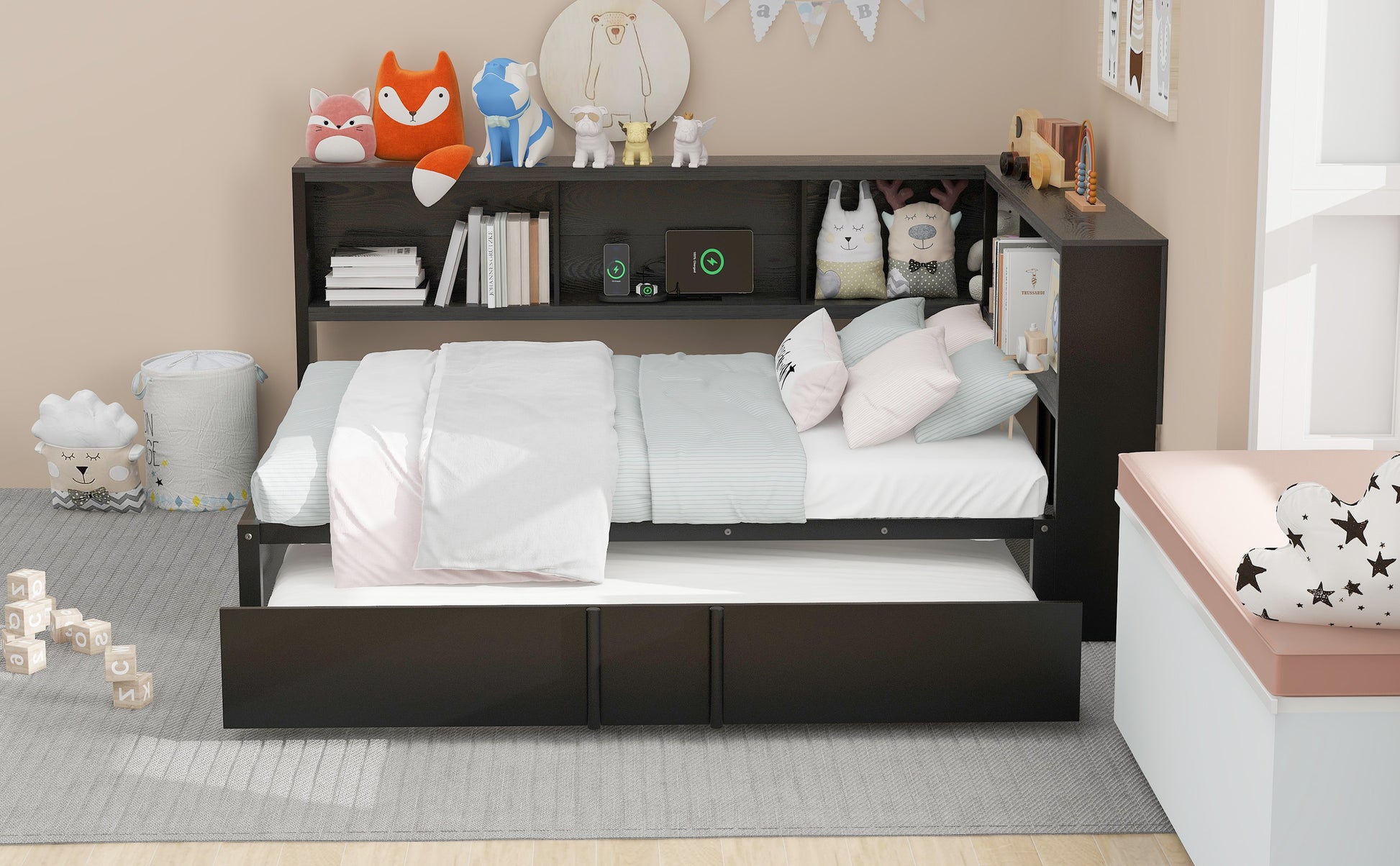 Black wood kids bed frame with pullout trundle and integrated shelving