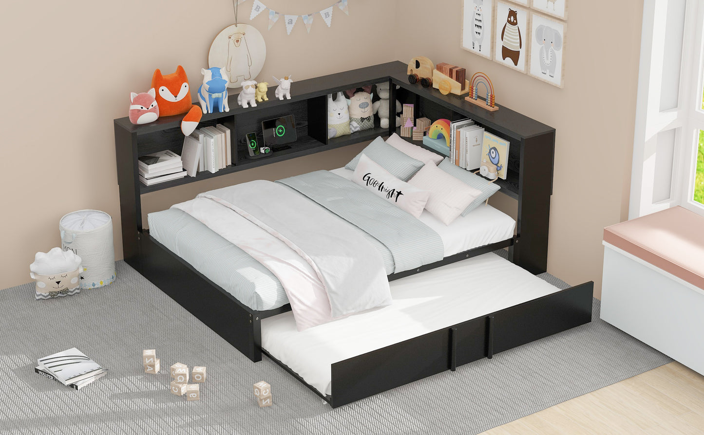 Black wooden kids bed frame with trundle and integrated shelves