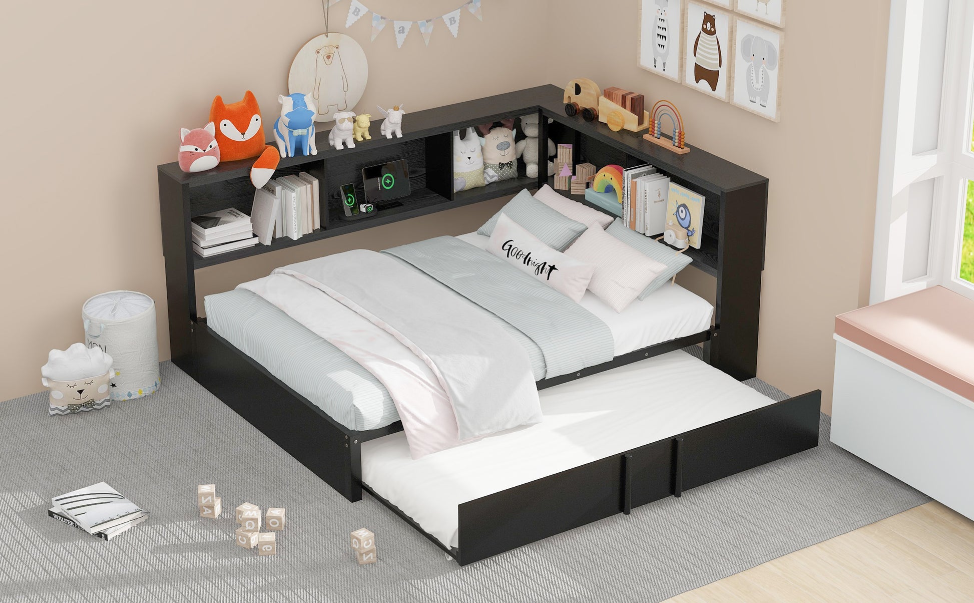 Black wooden kids bed frame with trundle and integrated shelves