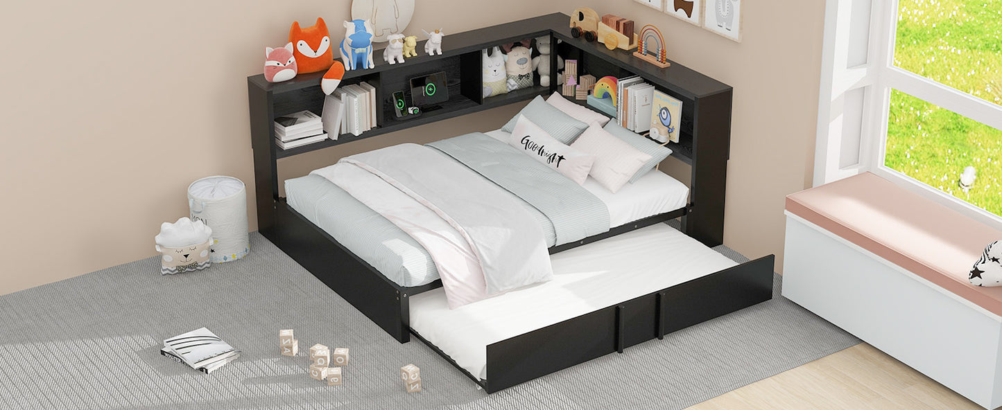 Black wood toddler bed with pullout trundle and builtin bookshelf