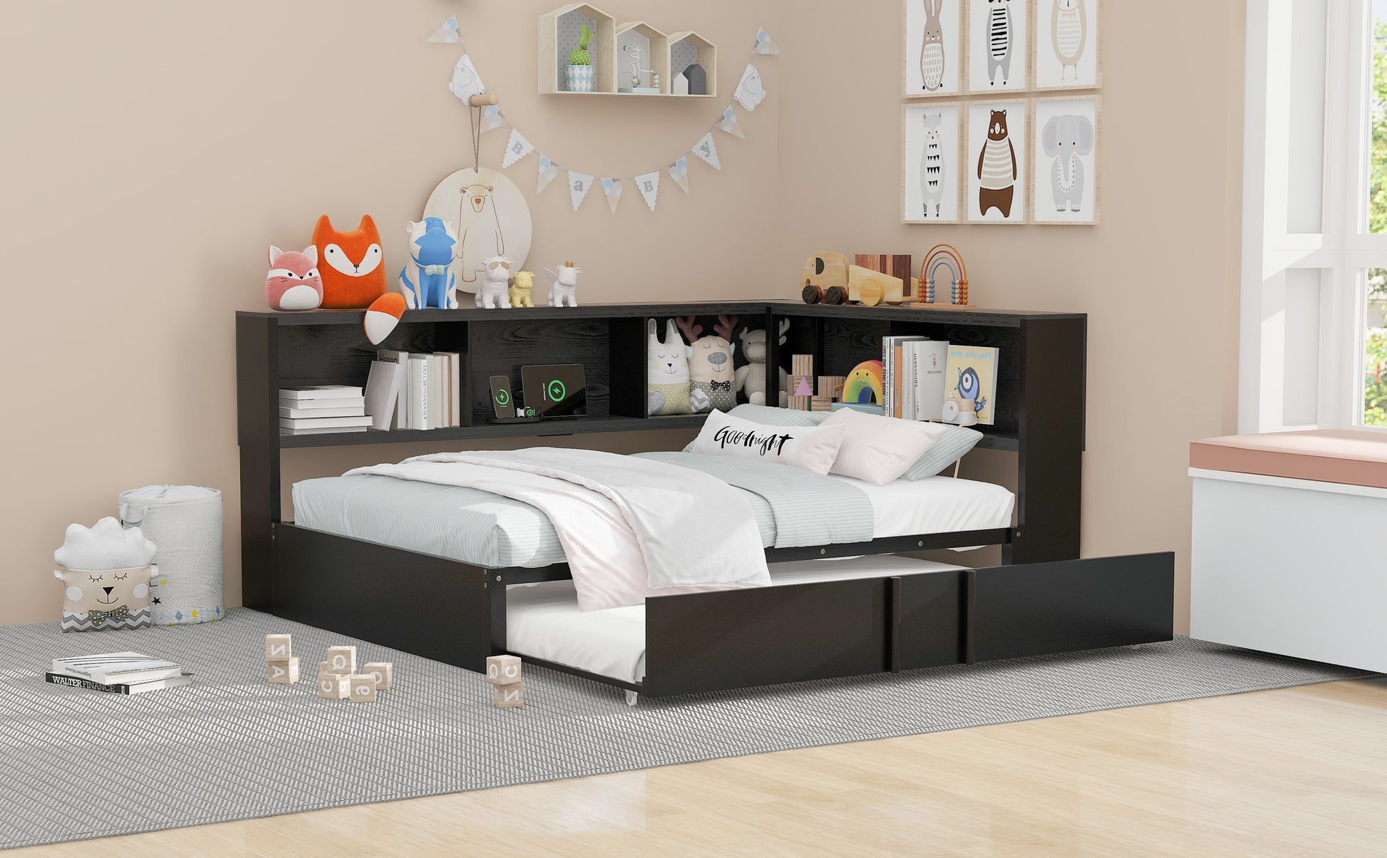 Black twin bed with trundle builtin shelving and playful animal decor