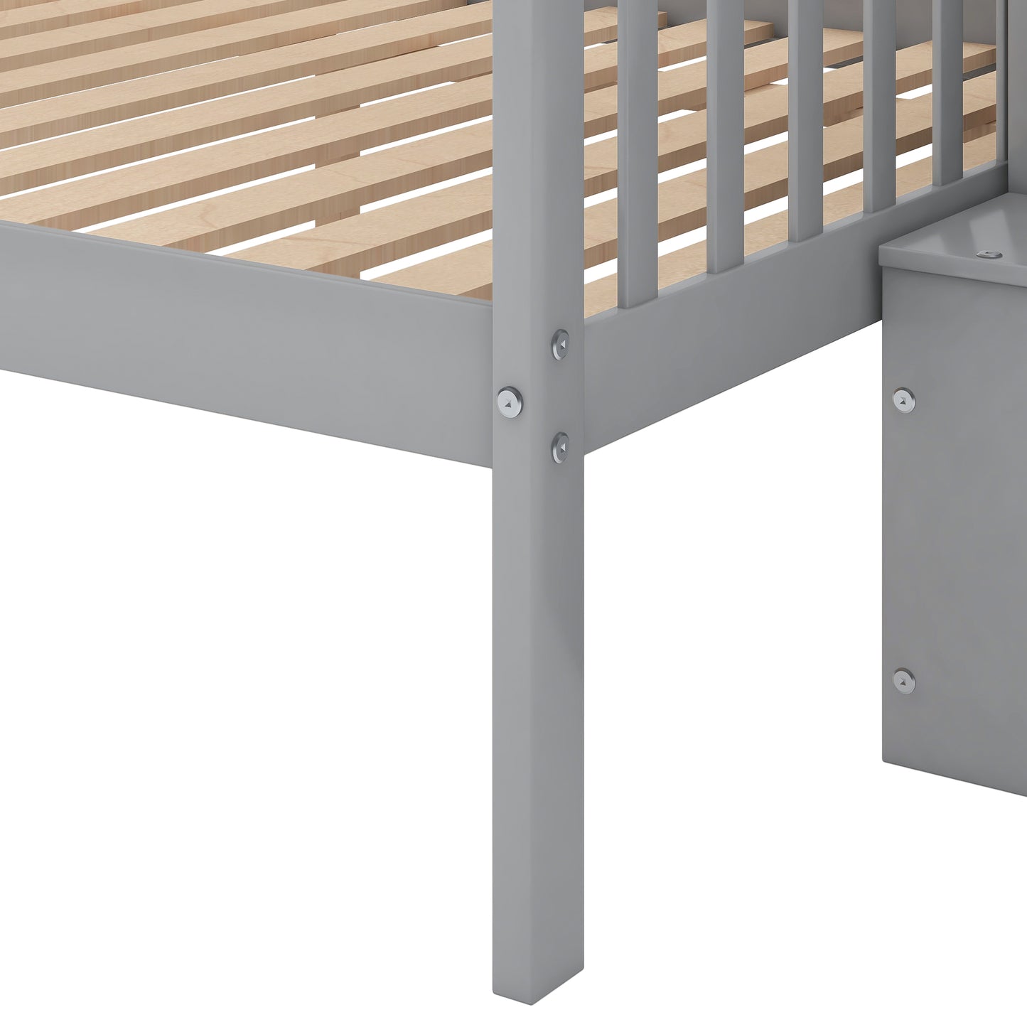 Closeup of a grey wooden bed frame showing slat support and sturdy legs