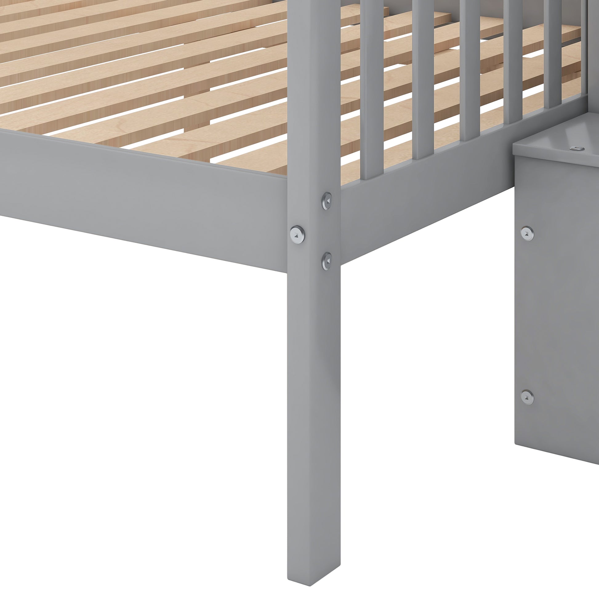 Closeup of a grey wooden bed frame showing slat support and sturdy legs