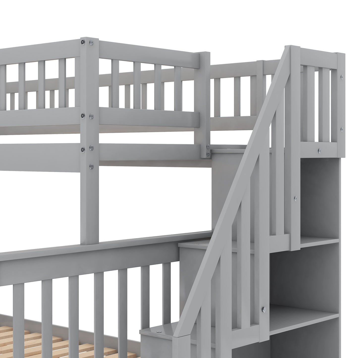 Gray wooden bunk bed with stairs and builtin shelves