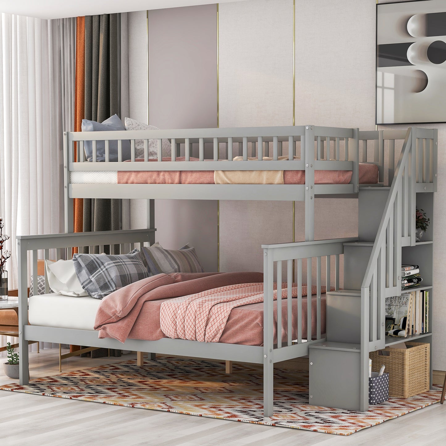Gray wooden bunk bed with integrated storage stairs and shelves