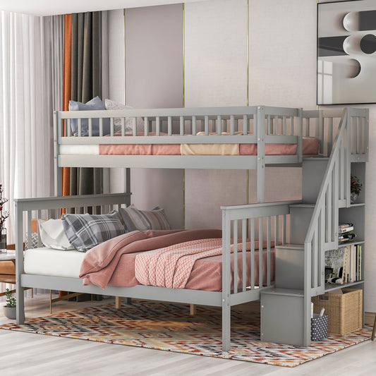 Gray wooden bunk bed with integrated storage stairs and shelves