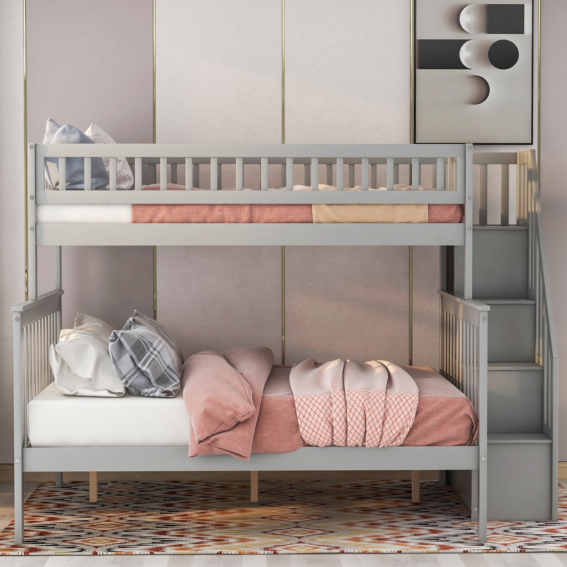 Gray wooden twin over twin bunk bed with stairs perfect for kids rooms
