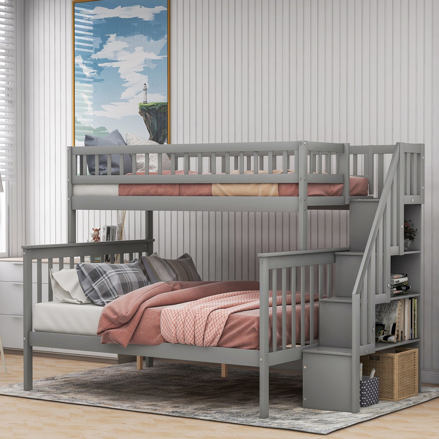 Gray wooden triple bunk bed with stairs for kids