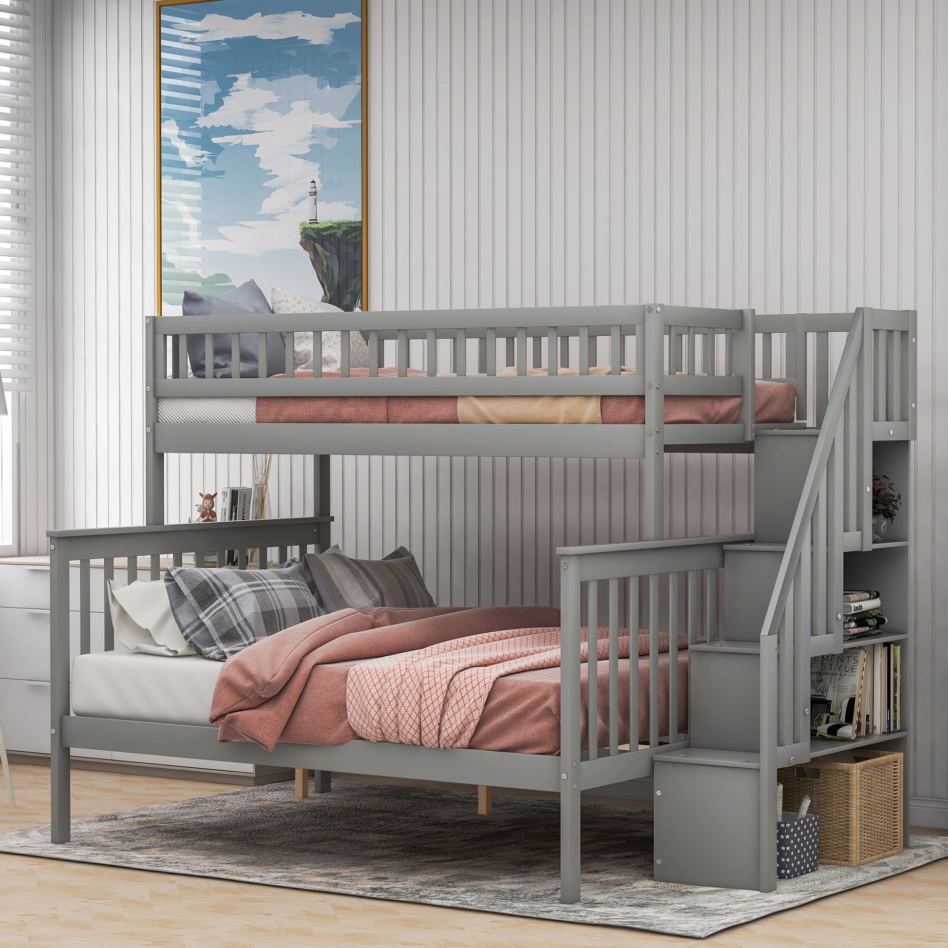 Gray wooden triple bunk bed with stairs for kids