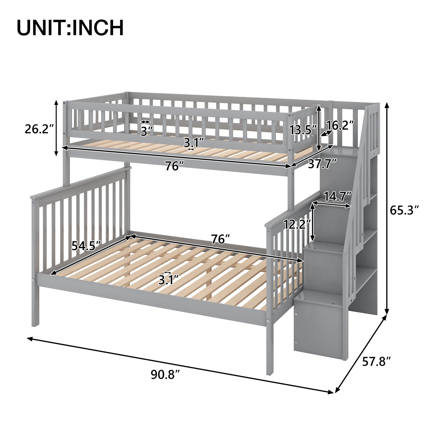 Gray wooden bunk bed with stairs and storage
