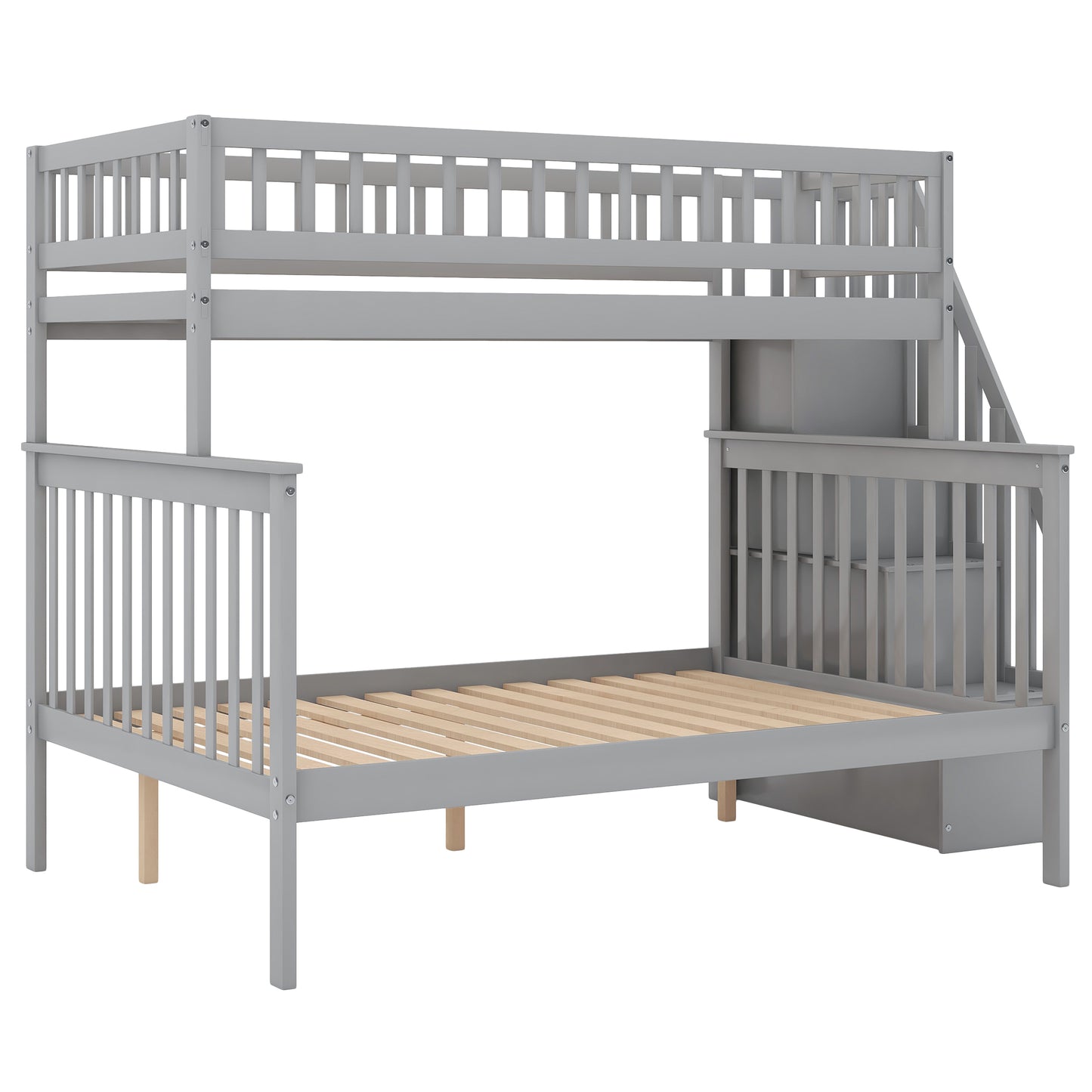 Gray wooden bunk bed with stairs and storage